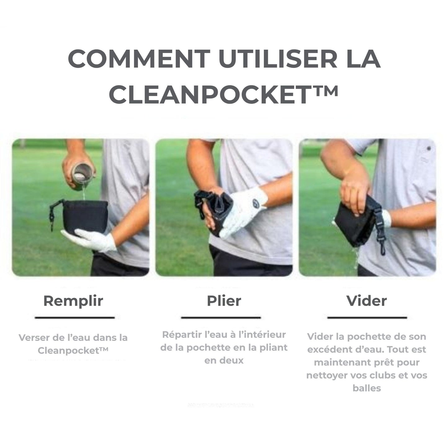 Poche nettoyante pour club et balles de golf CleanPocket instructions d'utilisation