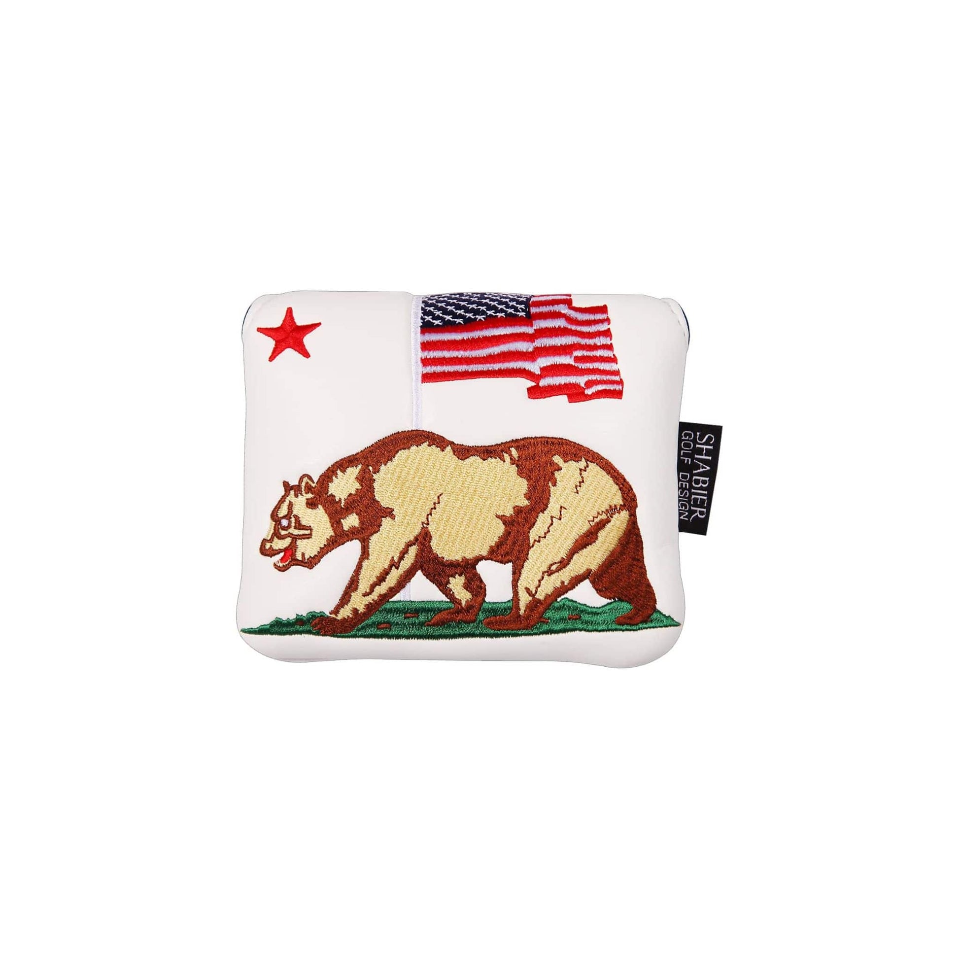 Couvre club pour putter de type maillet avec en broderie l'ours, emblème de la Californie, et le drapeau américain