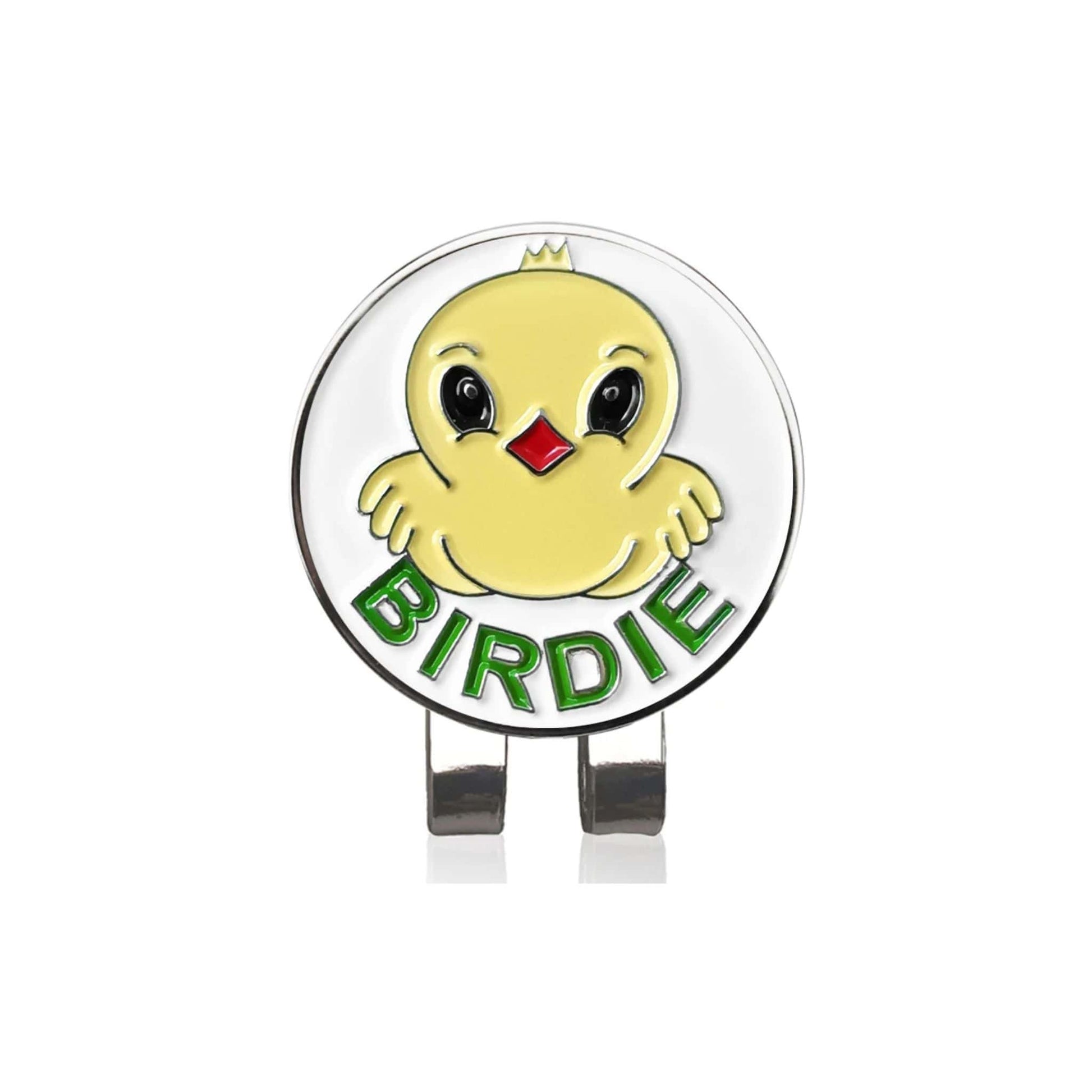 Marque balle et son clip casquette avec son inscription birdie et un poussin jaune