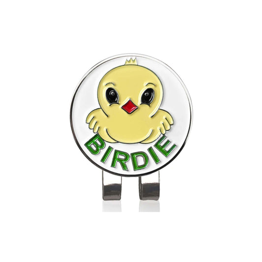 Marque balle et son clip casquette avec son inscription birdie et un poussin jaune