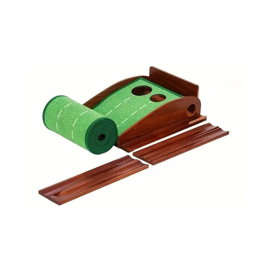 Tapis de putting Greenwood avec bois de chene, rail de retour aimanté et deux trous de différent diametre pour la précision